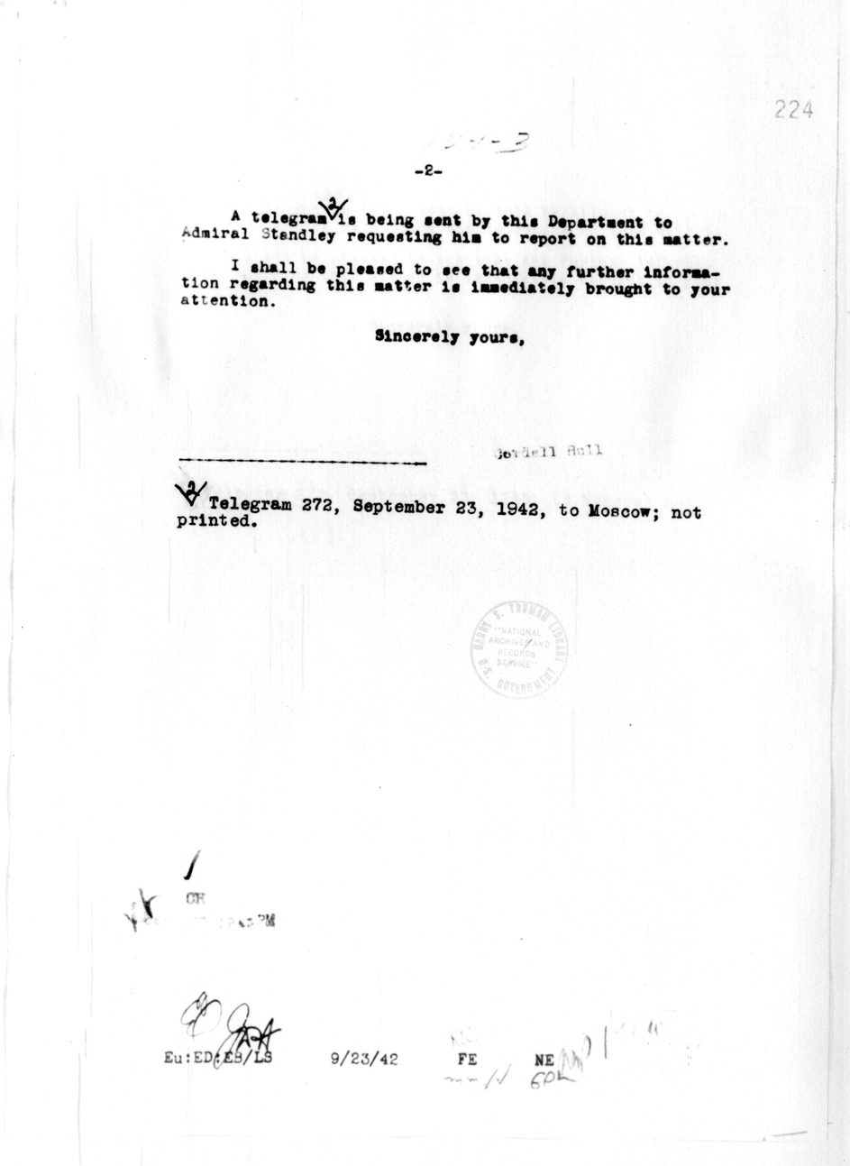 Memorandum from Secretary of State Cordell Hull to Harry Hopkins