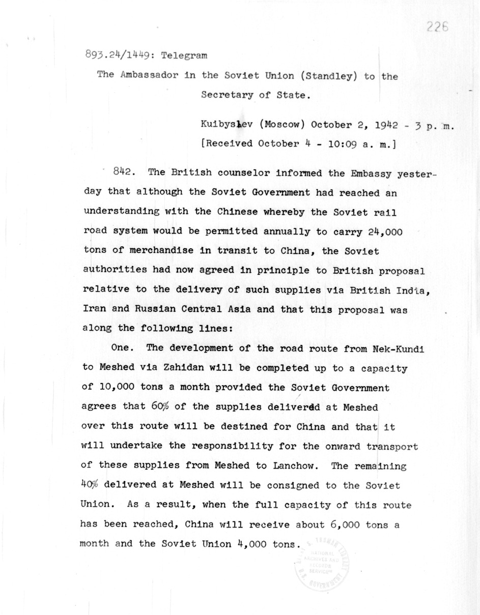Telegram from Ambassador William H. Standley to Secretary of State Cordell Hull