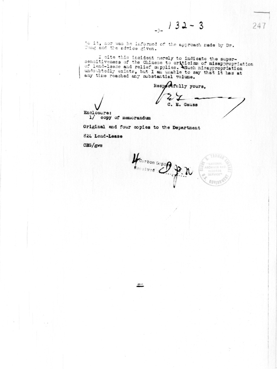 Memorandum from Clarence Gauss to Secretary of State Cordell Hull