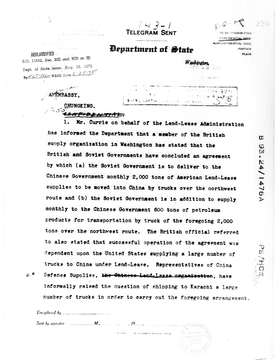 Department of State Telegram from Secretary of State Cordell Hull to American Embassy, Chungking