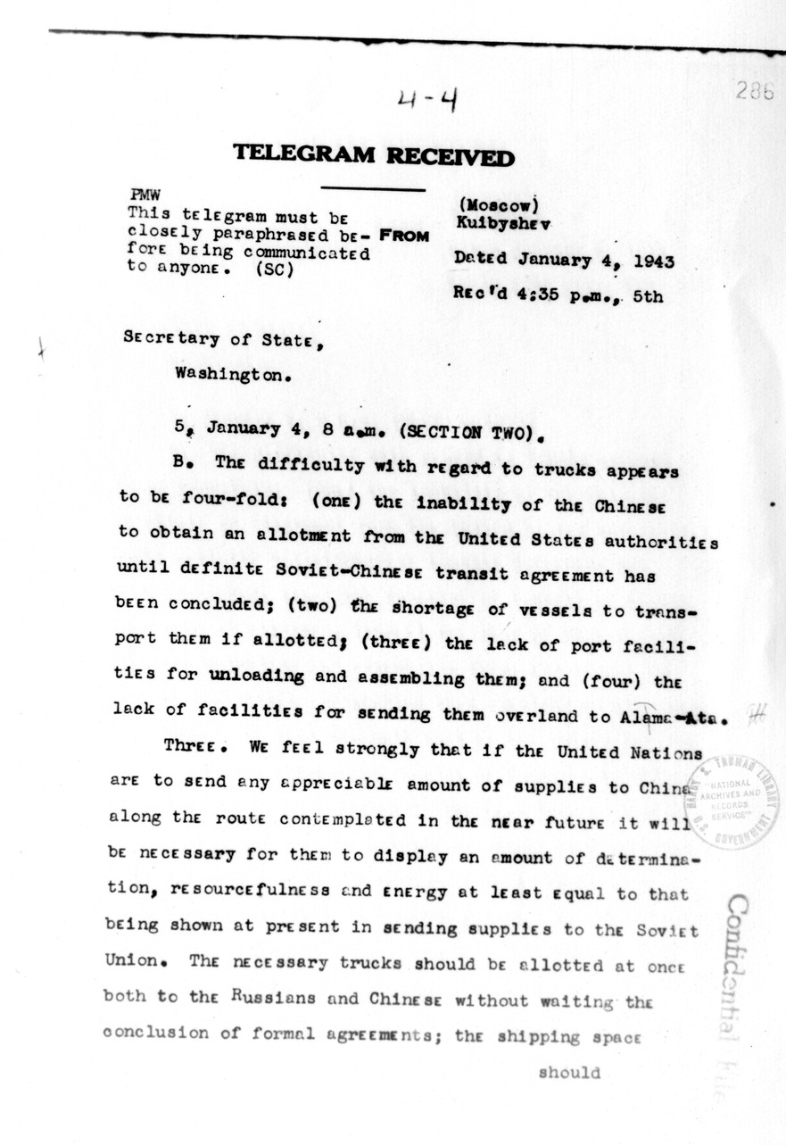 Telegram from American Embassy, Kuibyshev to Secretary of State Cordell Hull
