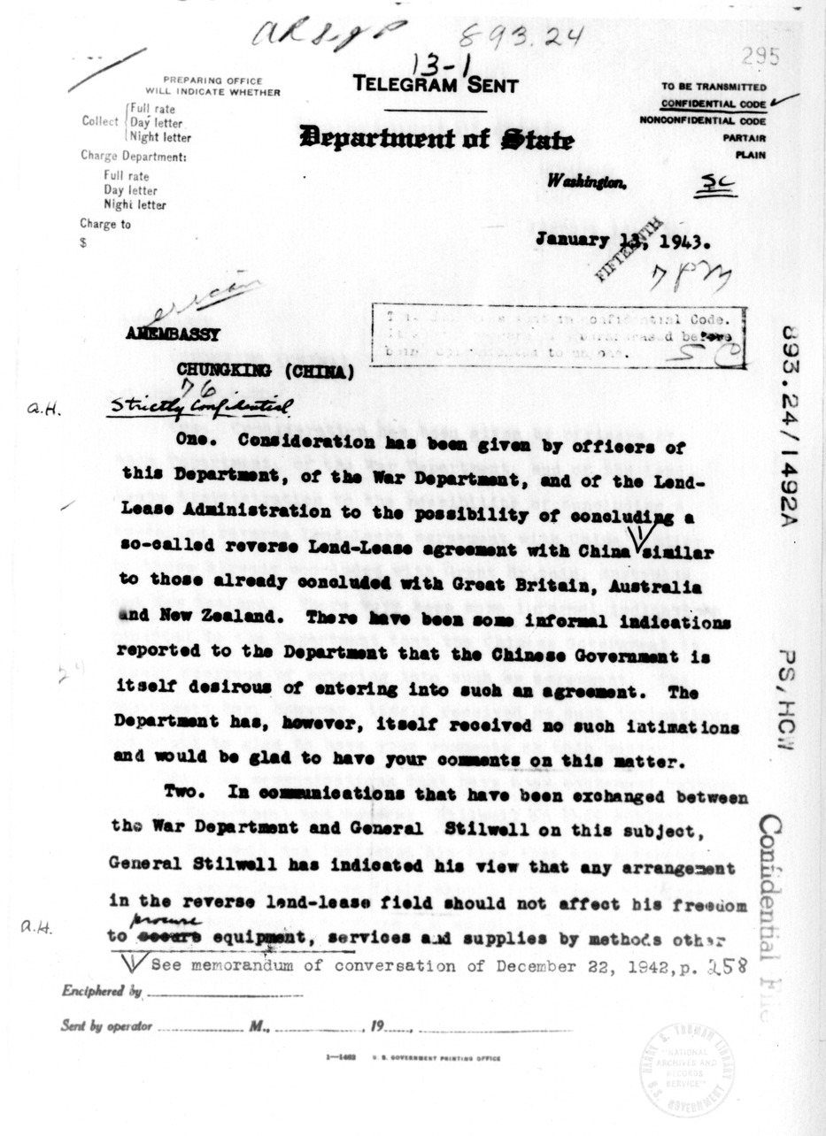 Memorandum from Secretary of State Cordell Hull to American Embassy, Chungking