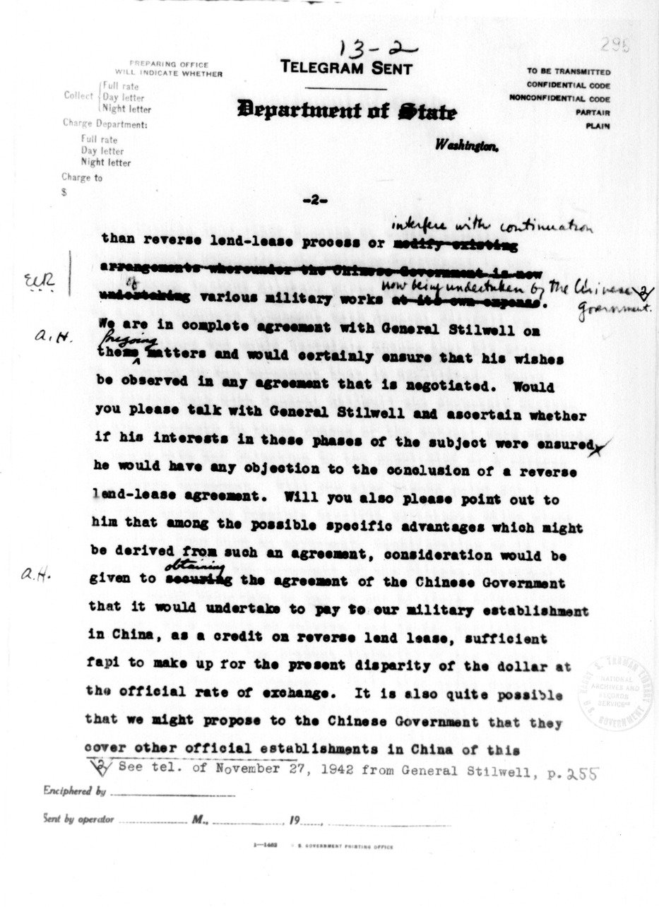 Memorandum from Secretary of State Cordell Hull to American Embassy, Chungking