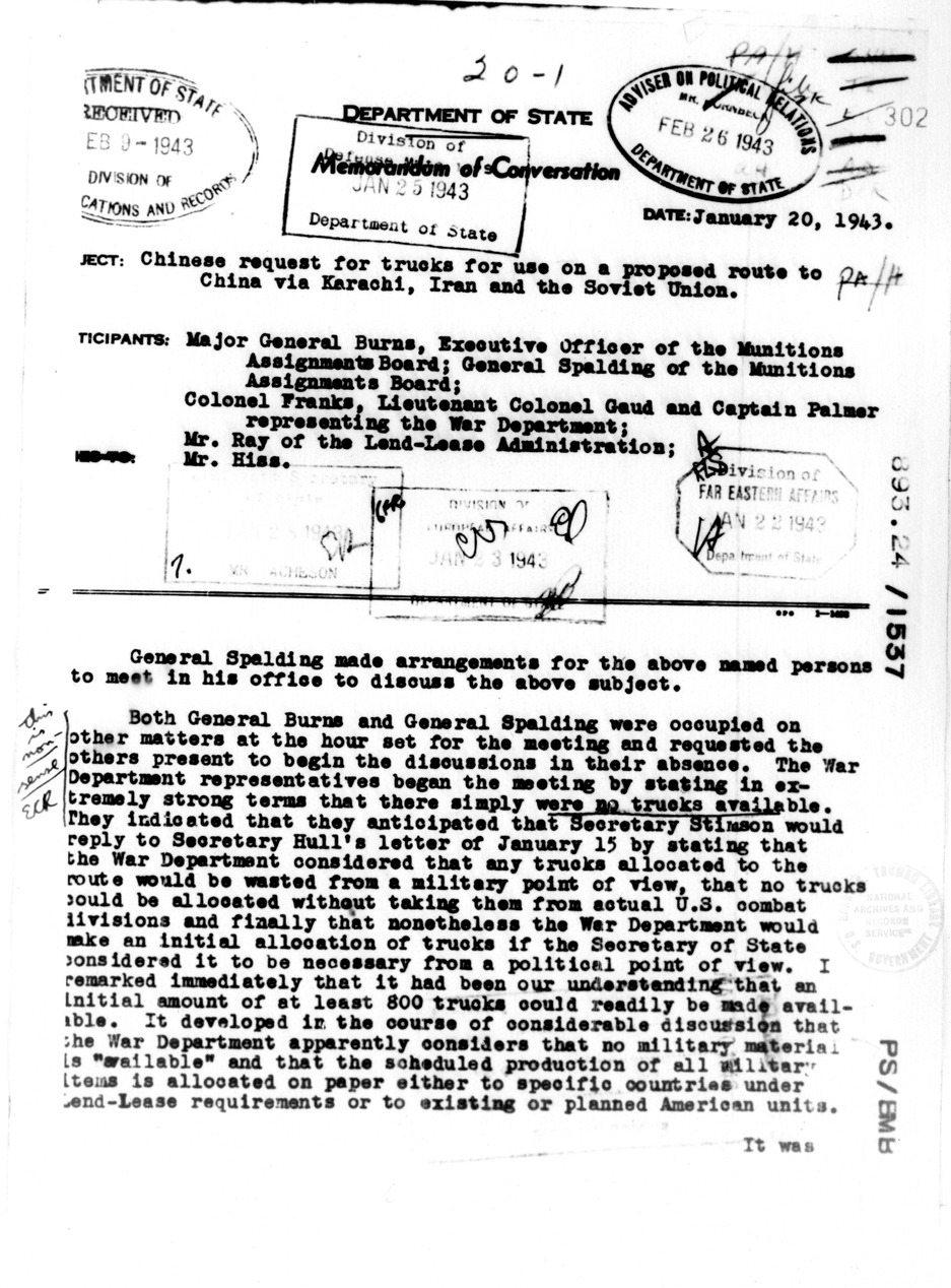 Memorandum of Conversation with  Major General Burns, Colonel Franks, Colonel Gaud, Captain Palmer, Mr. Ray, and Alger Hiss