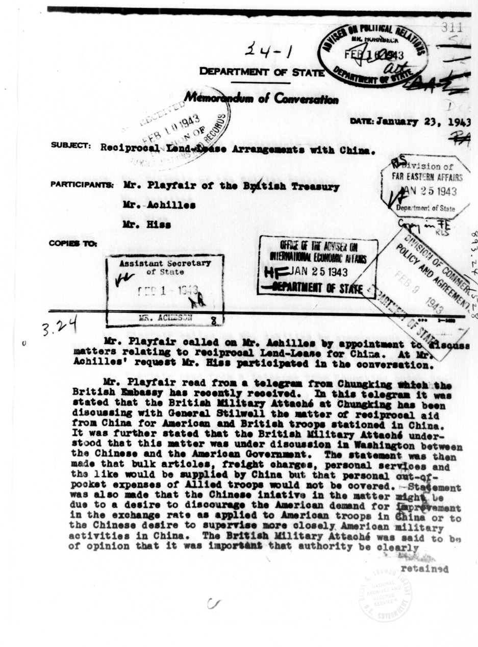 Memorandum of Conversation with Mr. Playfair, Theodore Achilles, and Alger Hiss