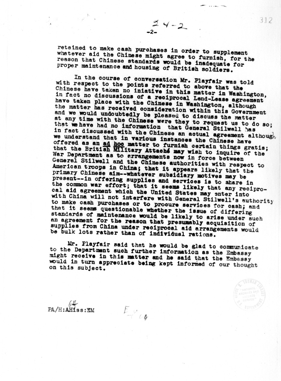 Memorandum of Conversation with Mr. Playfair, Theodore Achilles, and Alger Hiss