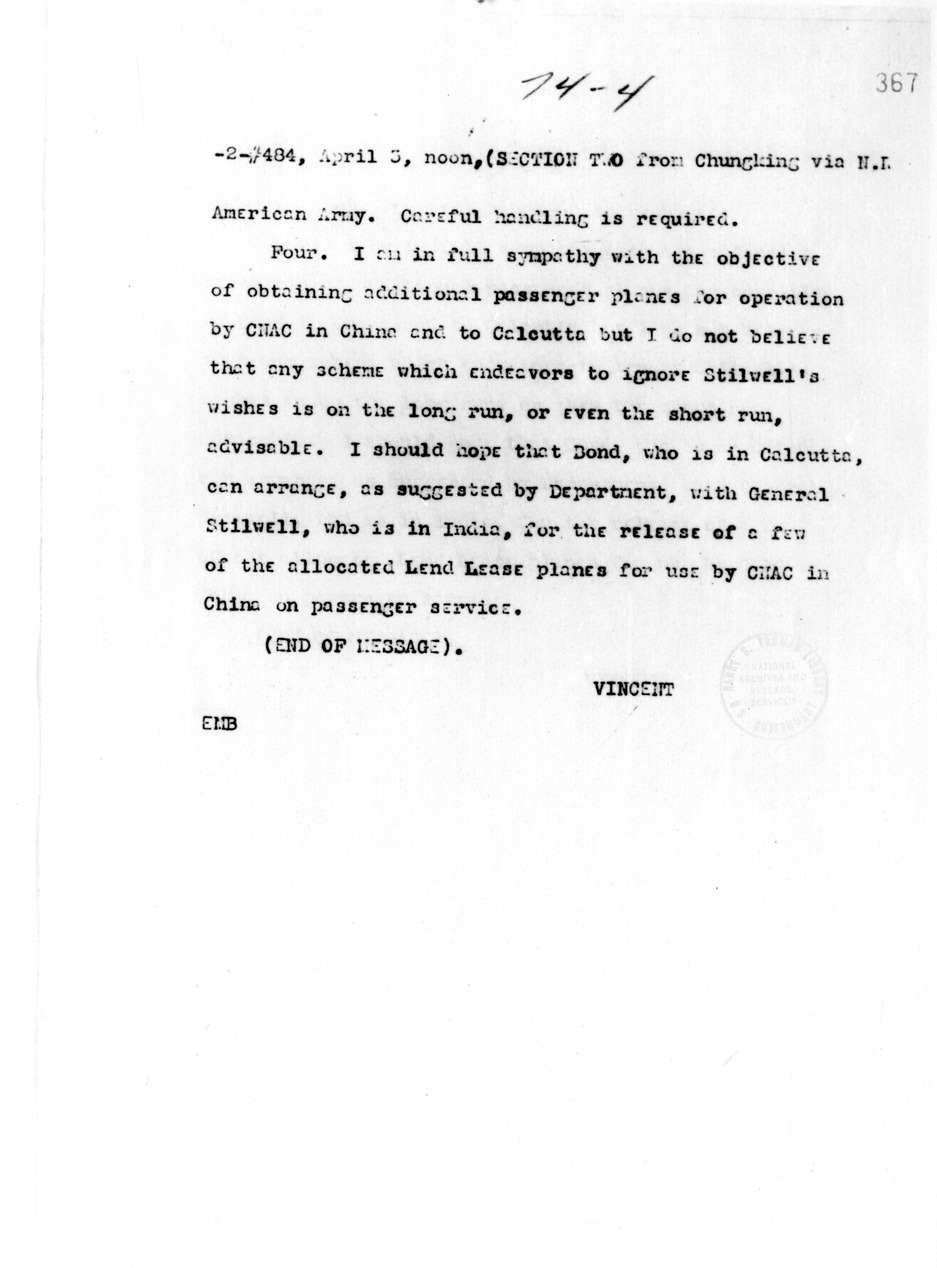 Telegram from John Carter Vincent to Secretary of State Cordell Hull