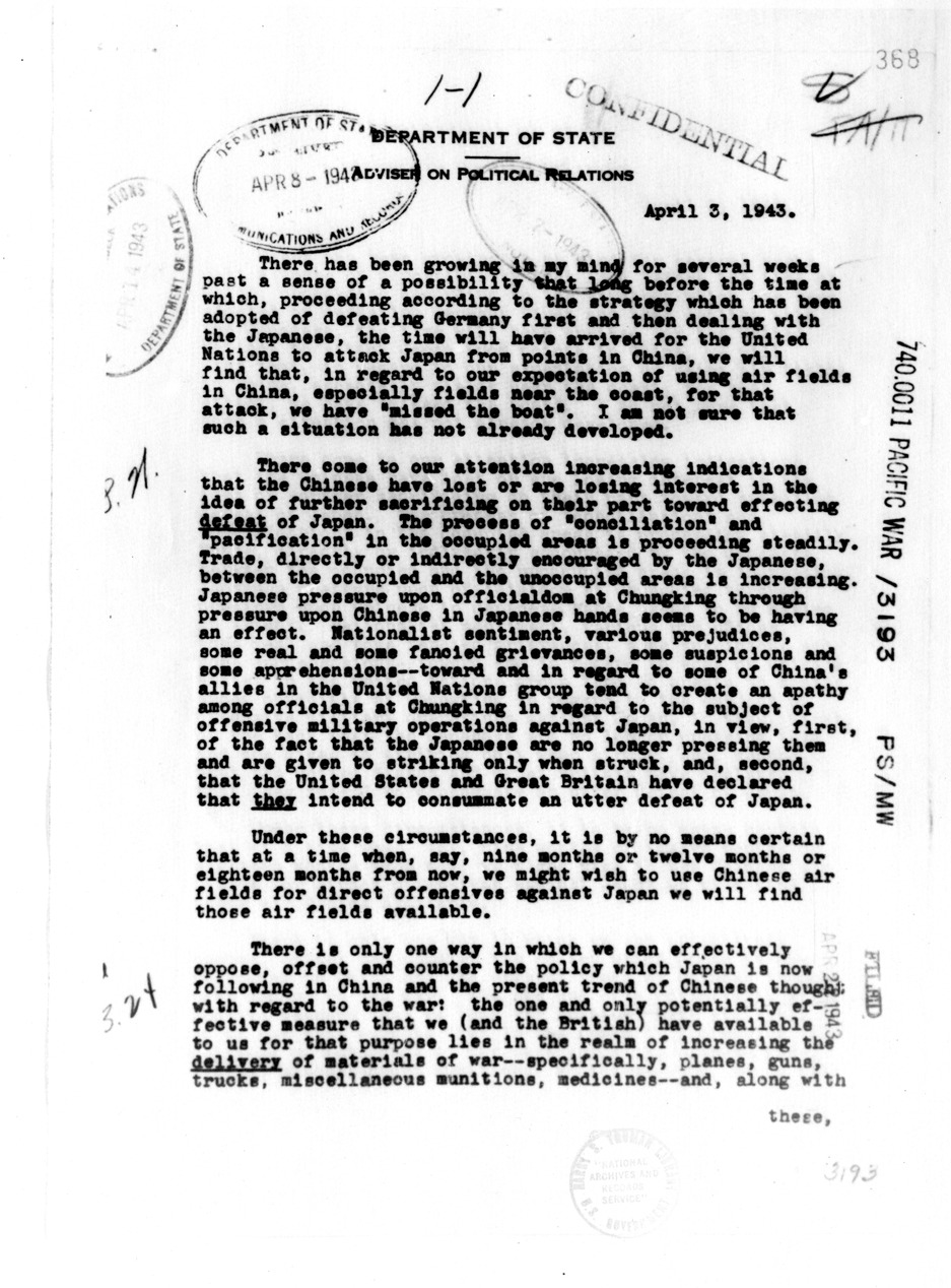 Memorandum from the Department of State, Adviser on Political Relations