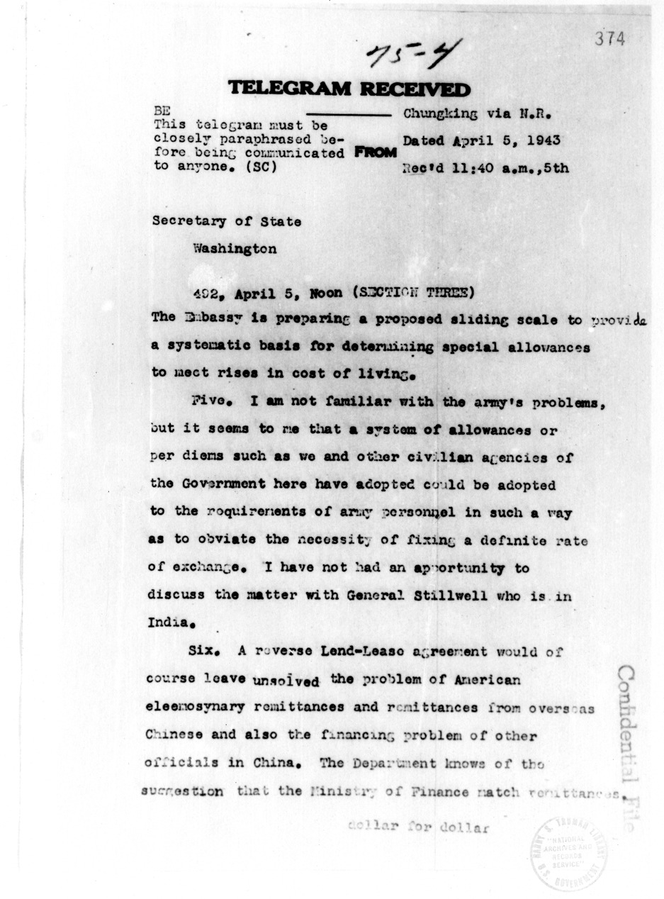 Telegram from John Carter Vincent to Secretary of State Cordell Hull