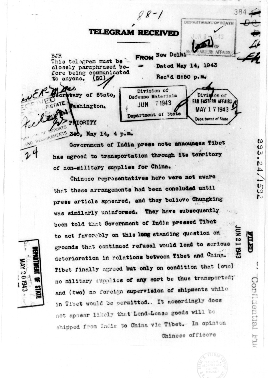 Telegram from George R. Merrell to Secretary of State Cordell Hull