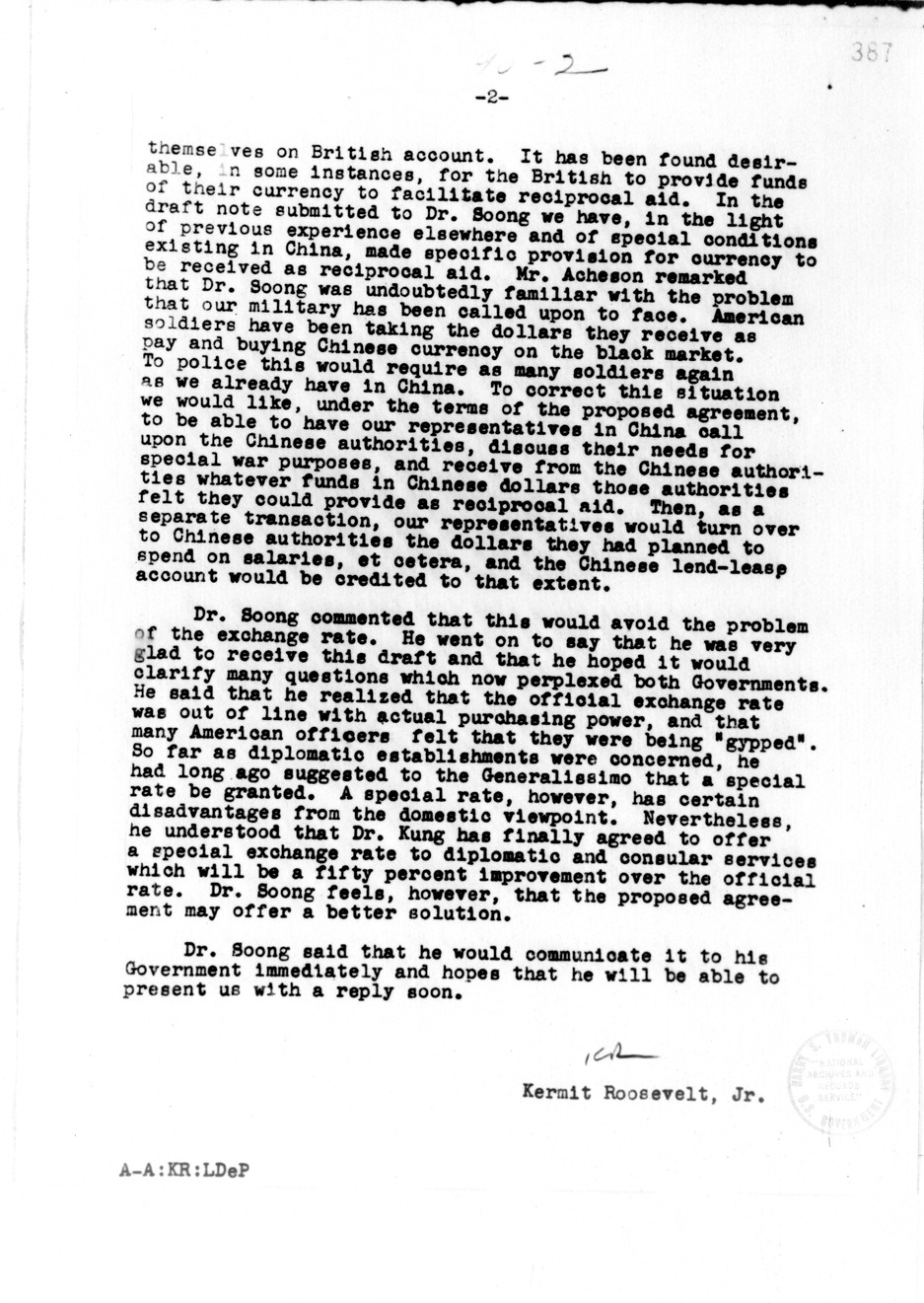 Memorandum of Conversation with T. V. Soong, Mr. Hornbeck, Dean Acheson, and Kermit Roosevelt