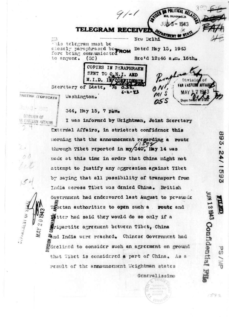 Telegram from George R. Merrell to Secretary of State Cordell Hull