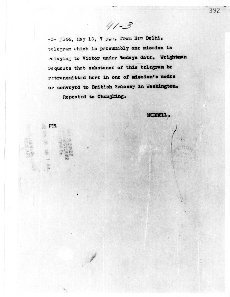 Telegram from George R. Merrell to Secretary of State Cordell Hull