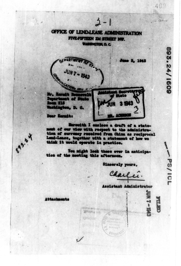 Memorandum from Charles Denby to Kermit Roosevelt with Attached Draft Memorandum of Principles in Connection with the Receipt of Chinese Currency as Reciprocal Lend-Lease