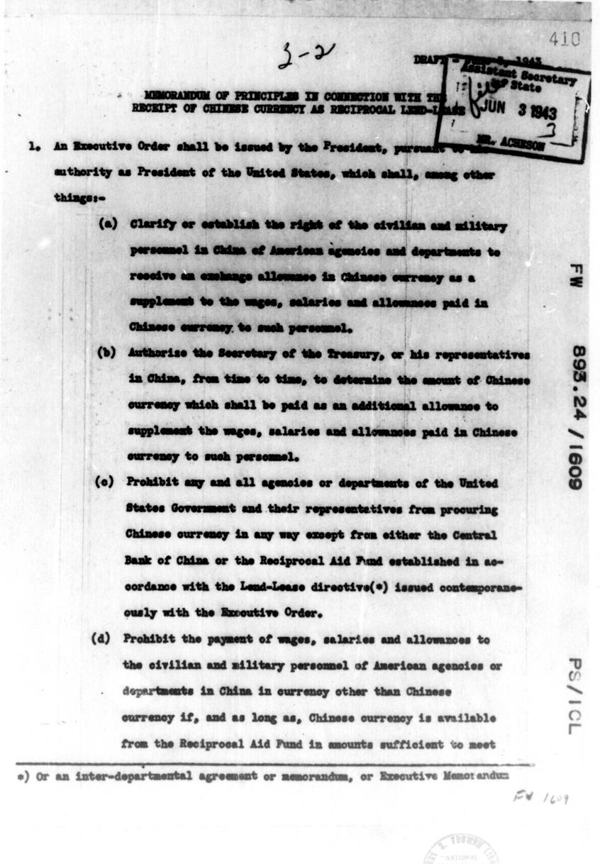 Memorandum from Charles Denby to Kermit Roosevelt with Attached Draft Memorandum of Principles in Connection with the Receipt of Chinese Currency as Reciprocal Lend-Lease