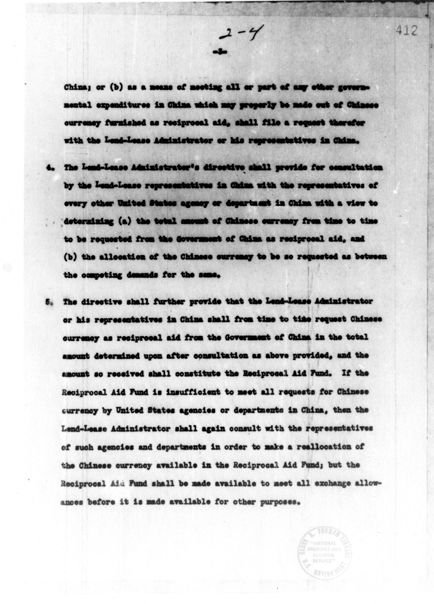 Memorandum from Charles Denby to Kermit Roosevelt with Attached Draft Memorandum of Principles in Connection with the Receipt of Chinese Currency as Reciprocal Lend-Lease