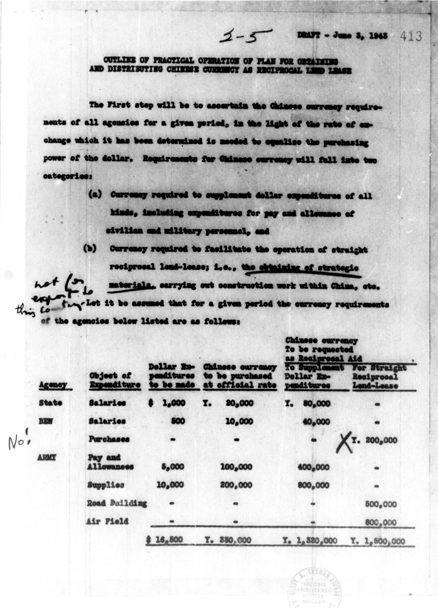 Memorandum from Charles Denby to Kermit Roosevelt with Attached Draft Memorandum of Principles in Connection with the Receipt of Chinese Currency as Reciprocal Lend-Lease