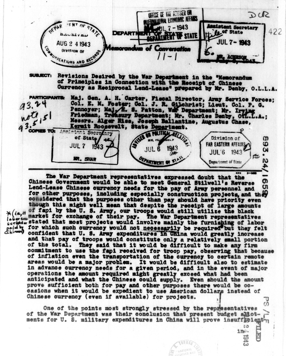Memorandum of Conversation with Major General A. H. Carter, Colonel E. M. Foster, Colonel J. R. Gilchrist, Lieutenant Colonel P. G. Pennoyer, Major H. S. Patton, Irving Friedman, Charles Denby, Alger Hiss, Joseph Ballantine, Augustus Chase, and Kermit Roosevelt