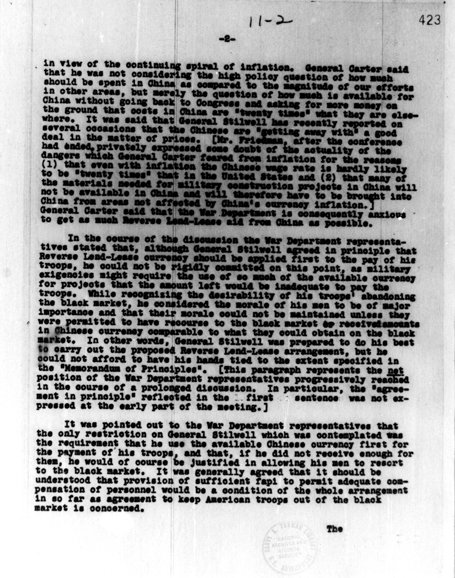Memorandum of Conversation with Major General A. H. Carter, Colonel E. M. Foster, Colonel J. R. Gilchrist, Lieutenant Colonel P. G. Pennoyer, Major H. S. Patton, Irving Friedman, Charles Denby, Alger Hiss, Joseph Ballantine, Augustus Chase, and Kermit Roosevelt