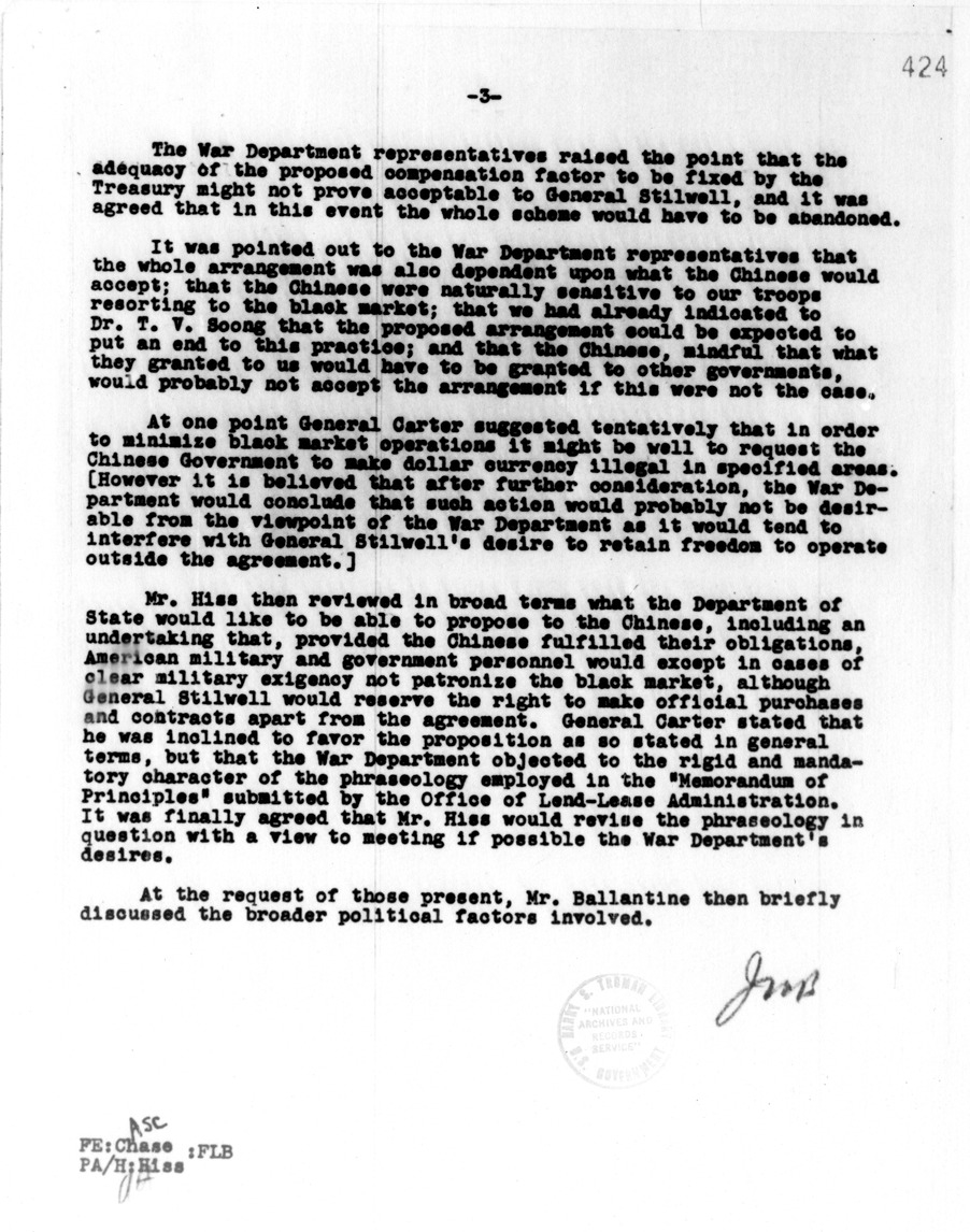 Memorandum of Conversation with Major General A. H. Carter, Colonel E. M. Foster, Colonel J. R. Gilchrist, Lieutenant Colonel P. G. Pennoyer, Major H. S. Patton, Irving Friedman, Charles Denby, Alger Hiss, Joseph Ballantine, Augustus Chase, and Kermit Roosevelt