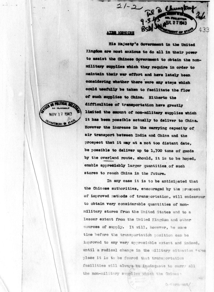 Memorandum from R. I. Campbell to Thomas Finletter with Attached Aide Memoire