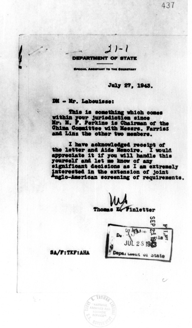 Memorandum from R. I. Campbell to Thomas Finletter with Attached Aide Memoire