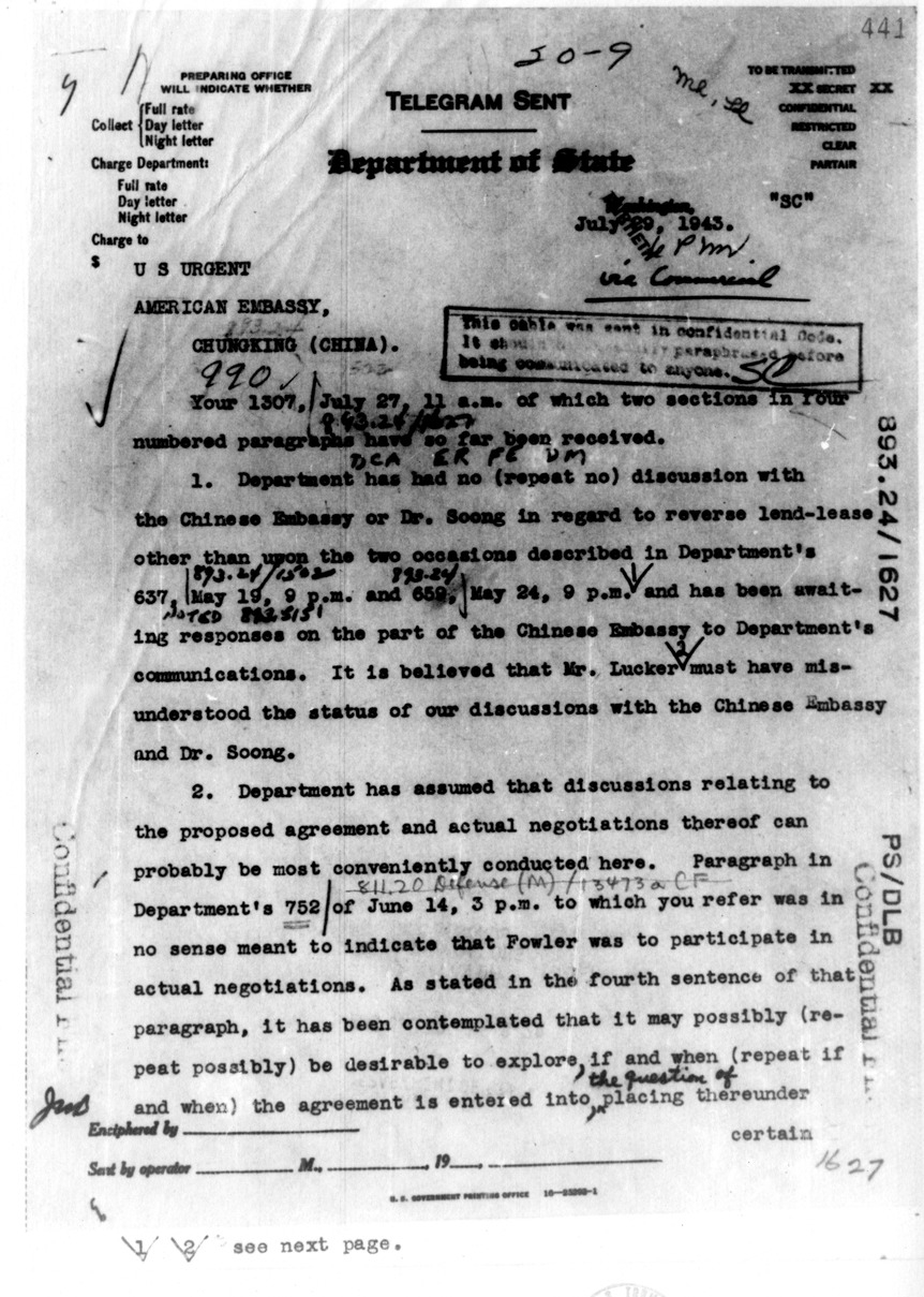 State Department Telegram from Secretary of State Cordell Hull to American Embassy, Chungking