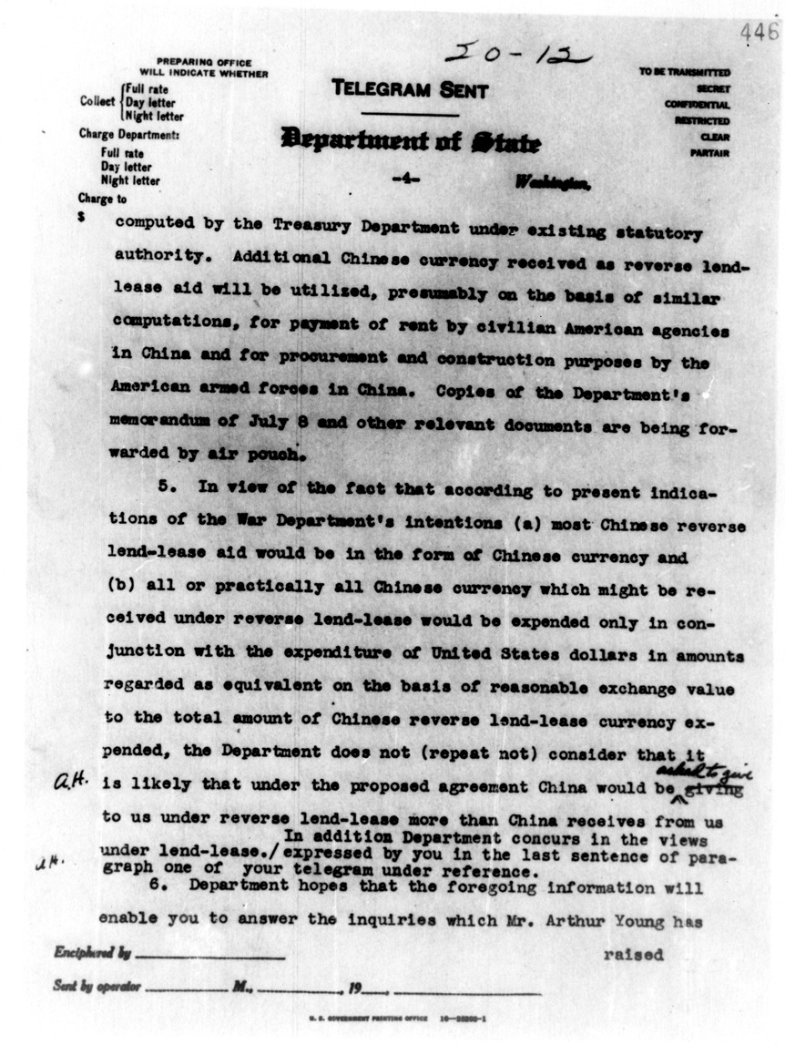State Department Telegram from Secretary of State Cordell Hull to American Embassy, Chungking
