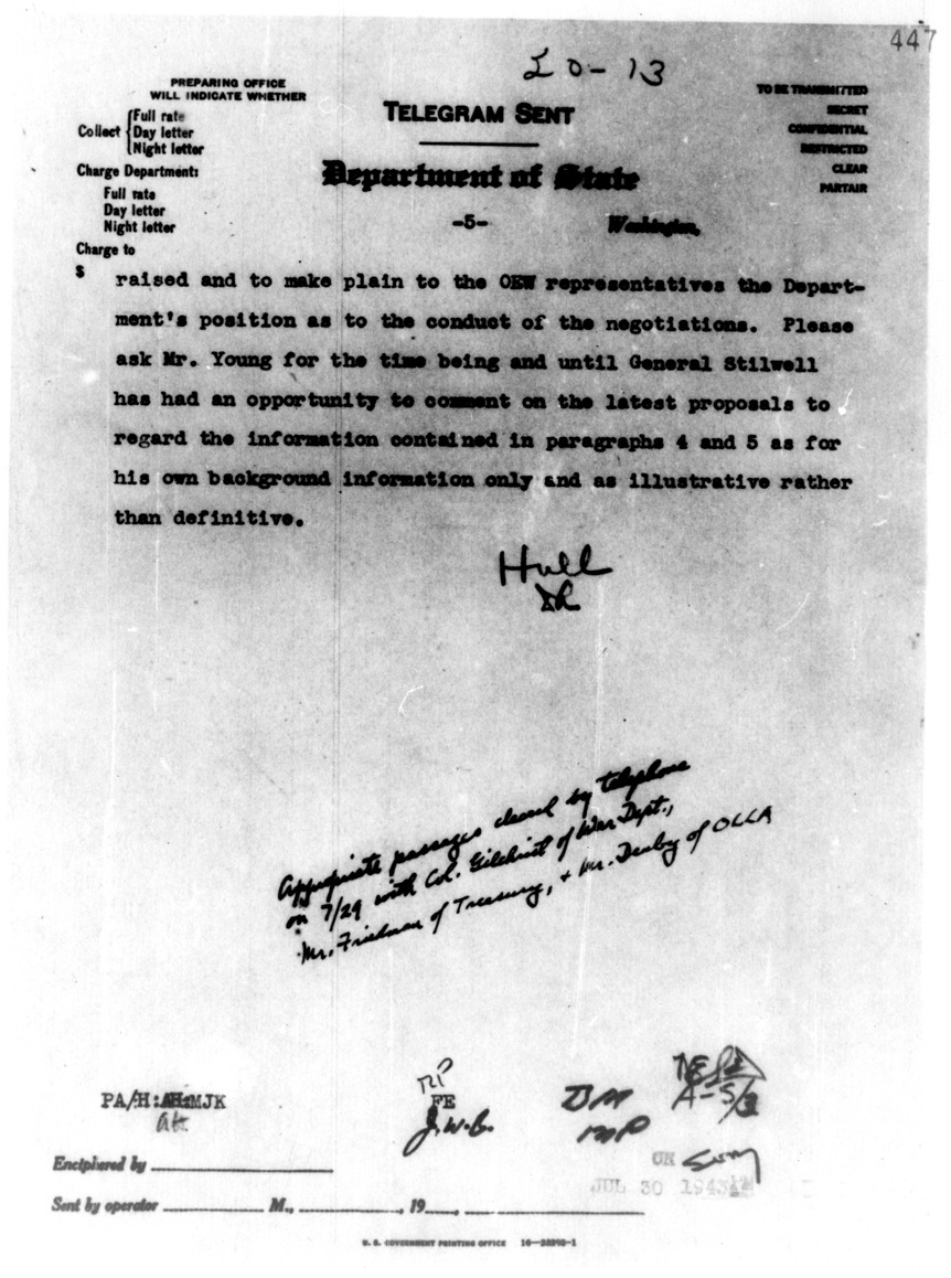 State Department Telegram from Secretary of State Cordell Hull to American Embassy, Chungking