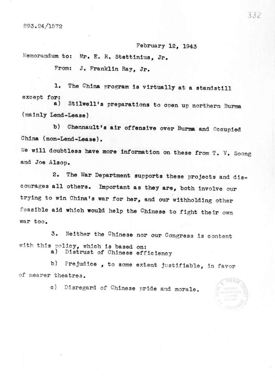 Memorandum from J. Franklin Ray to Edward Stettinius