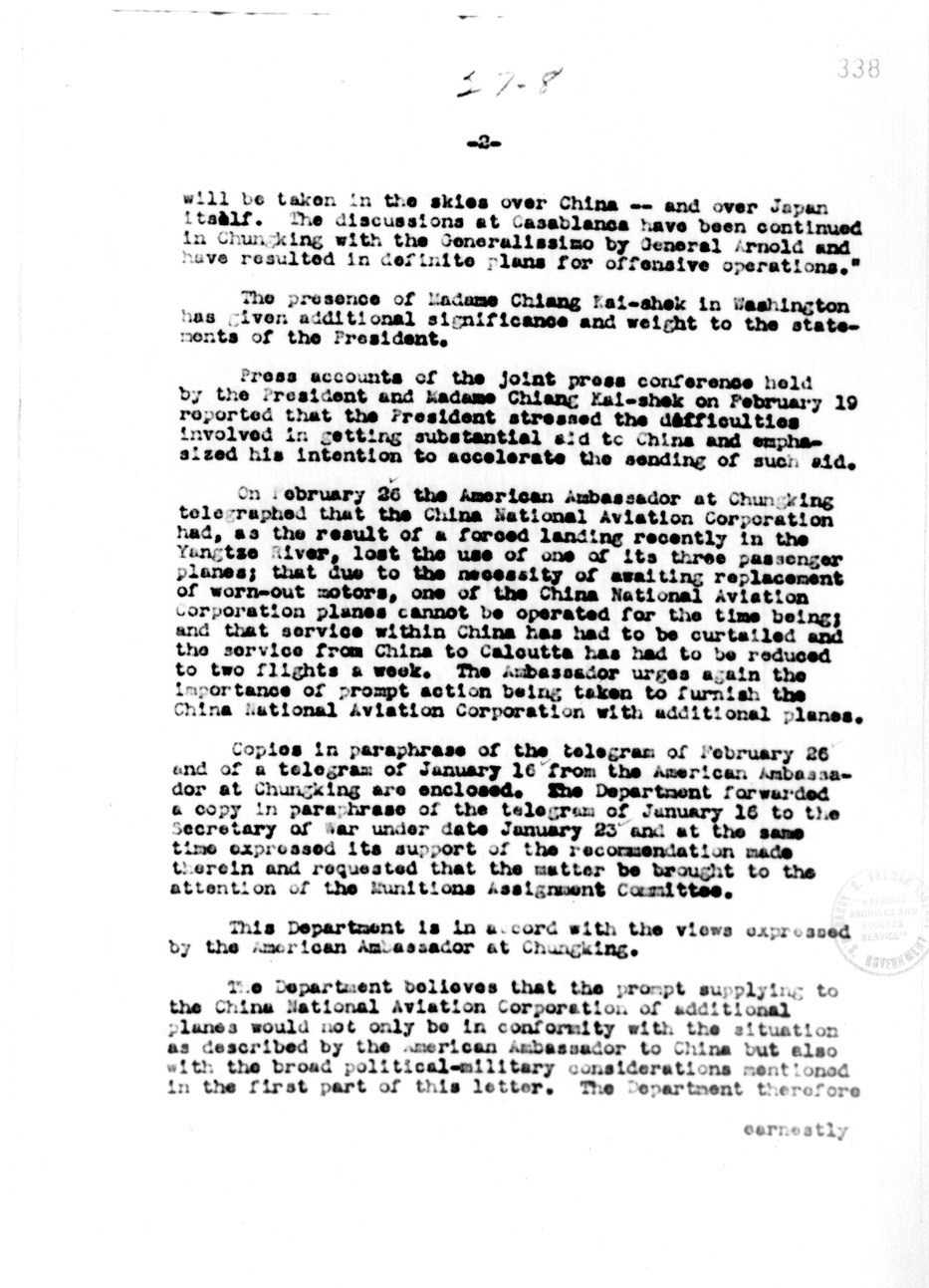 Telegram from Adolf Berle to Harry Hopkins