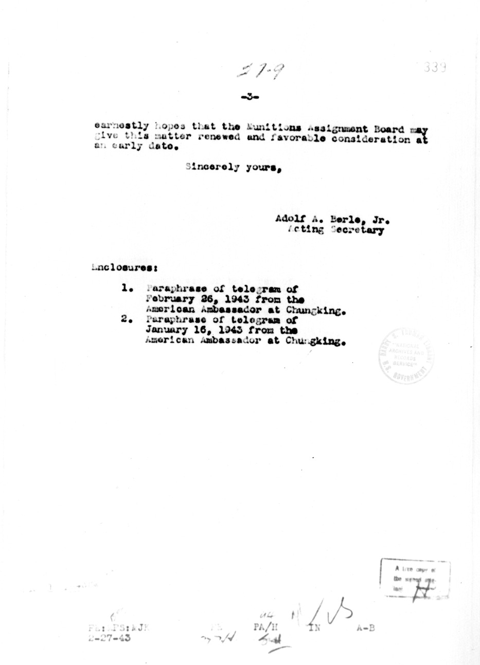 Telegram from Adolf Berle to Harry Hopkins