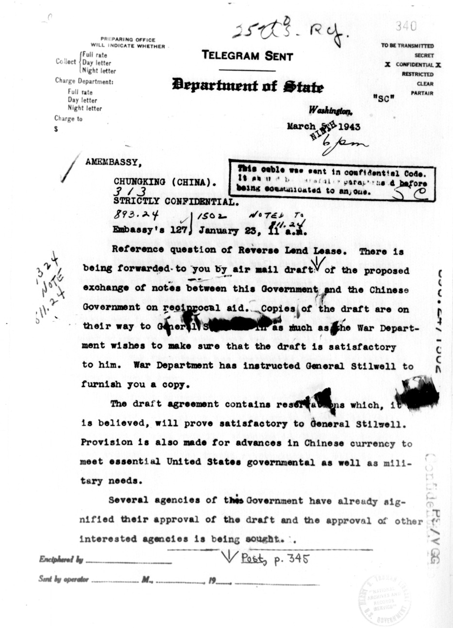 Department of State Telegram from Sumner Welles to American Embassy, Chungking