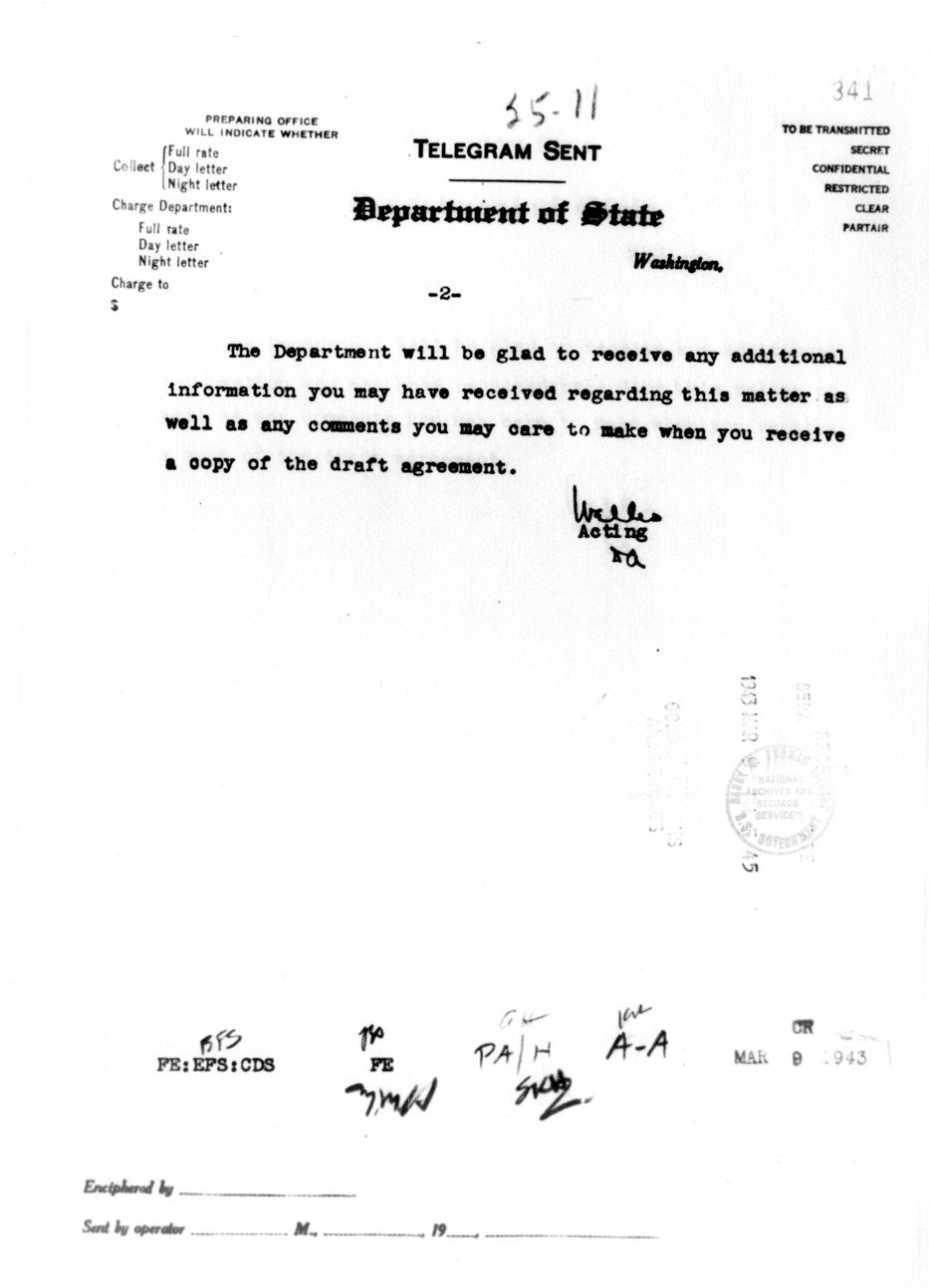 Department of State Telegram from Sumner Welles to American Embassy, Chungking