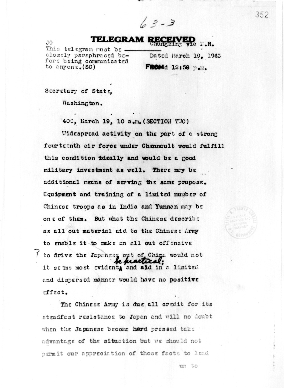 Telegram from John Carter Vincent to Secretary of State Cordell Hull