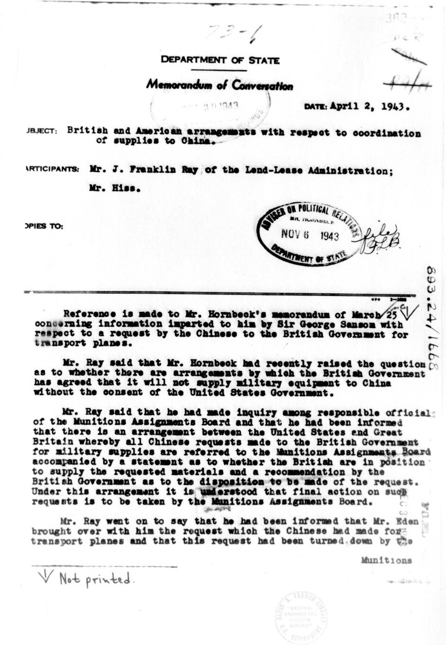 Memorandum of Conversation with J. Franklin Ray and Alger Hiss