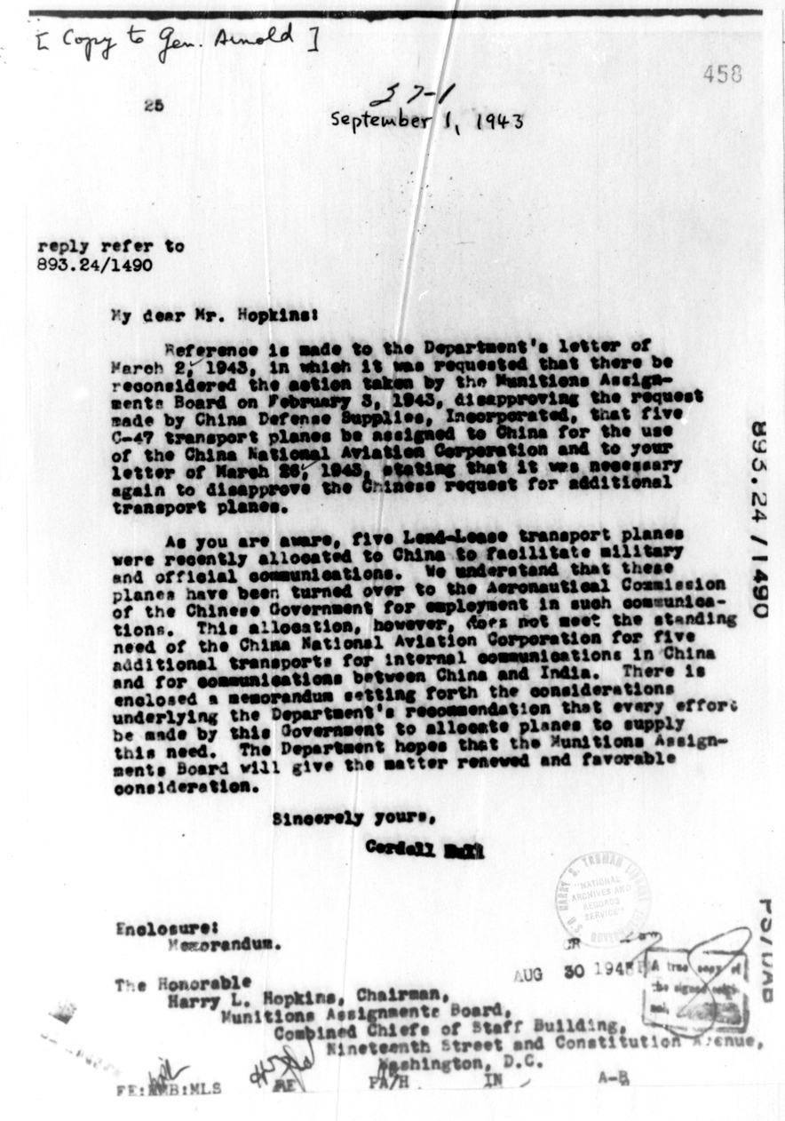 Memorandum from Secretary of State Cordell Hull to Harry Hopkins, with Attachment