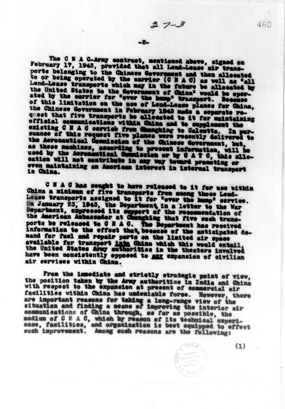 Memorandum from Secretary of State Cordell Hull to Harry Hopkins, with Attachment