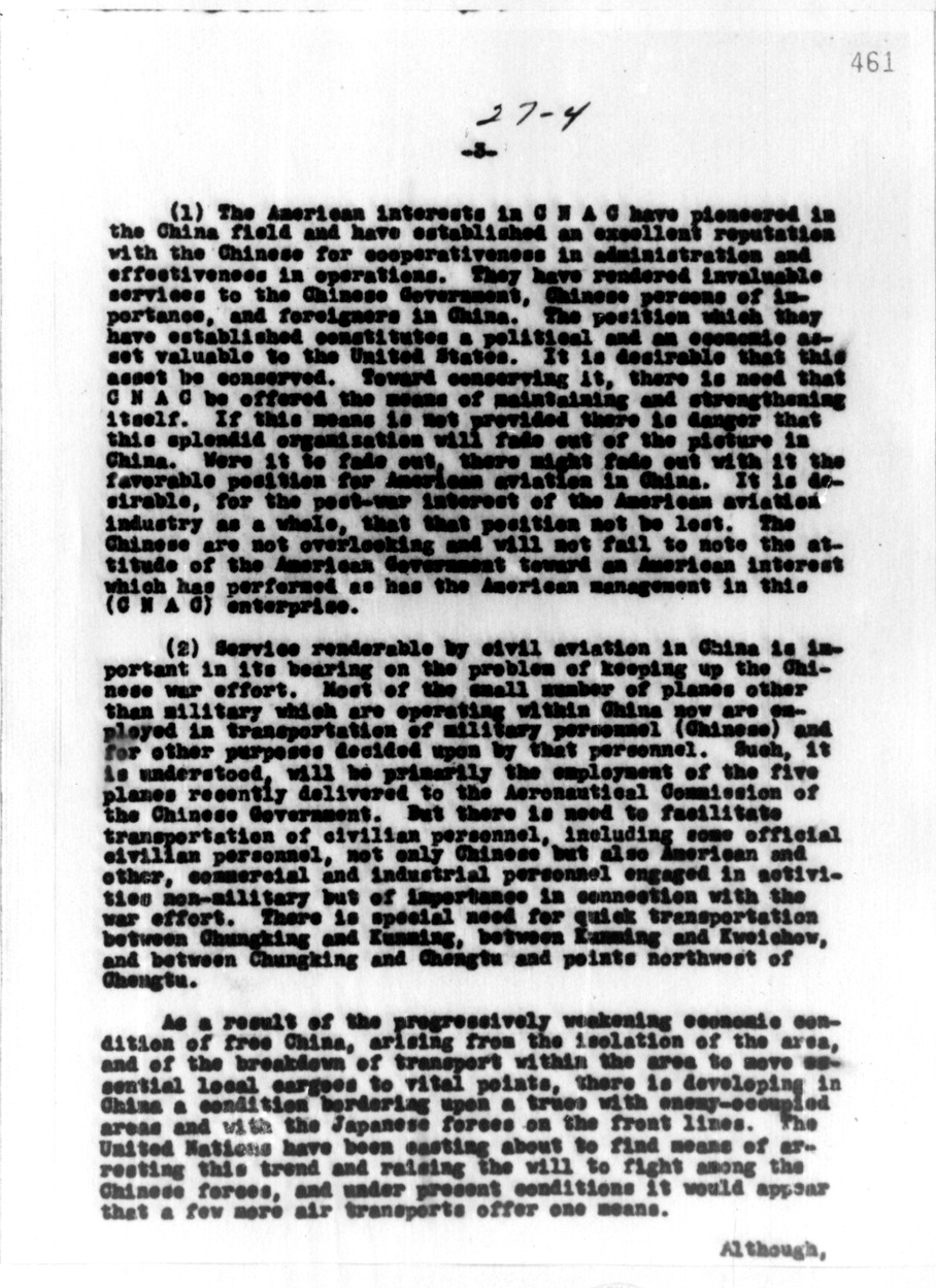 Memorandum from Secretary of State Cordell Hull to Harry Hopkins, with Attachment