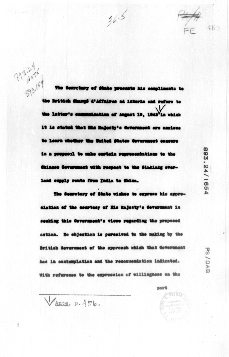 Memorandum from Secretary of State Cordell Hull to British Embassy