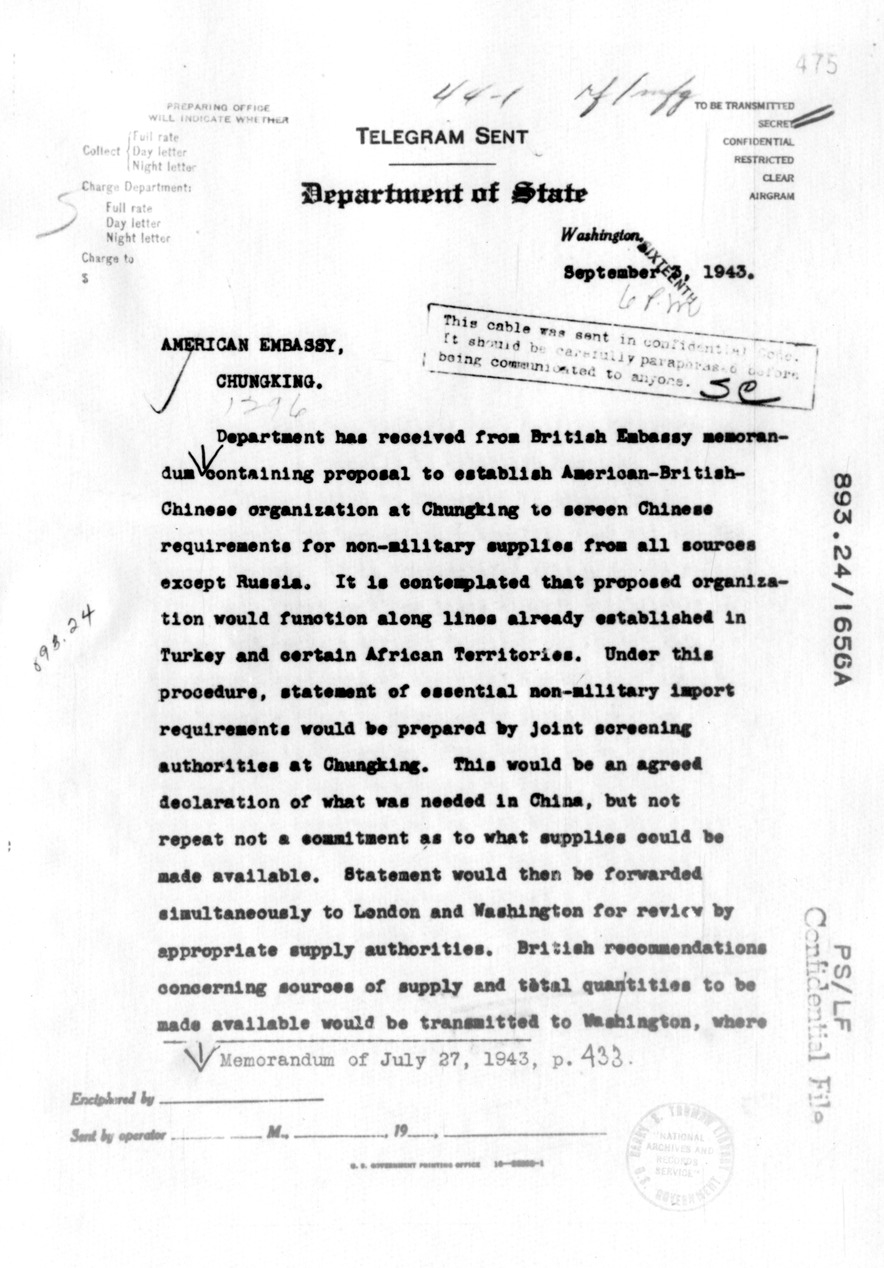 Department of State Telegram from Secretary of State Cordell Hull to American Embassy, Chungking
