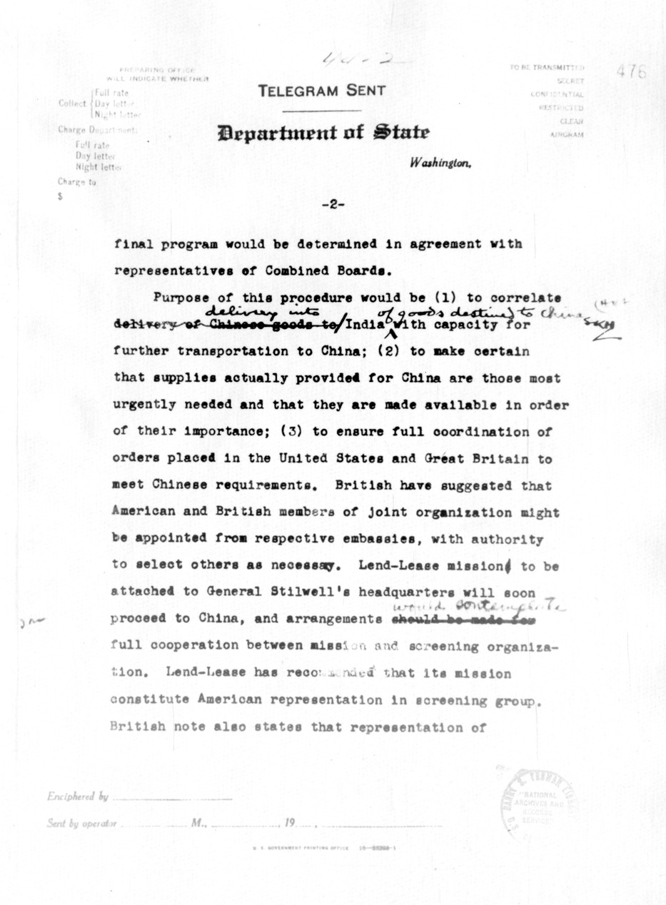 Department of State Telegram from Secretary of State Cordell Hull to American Embassy, Chungking