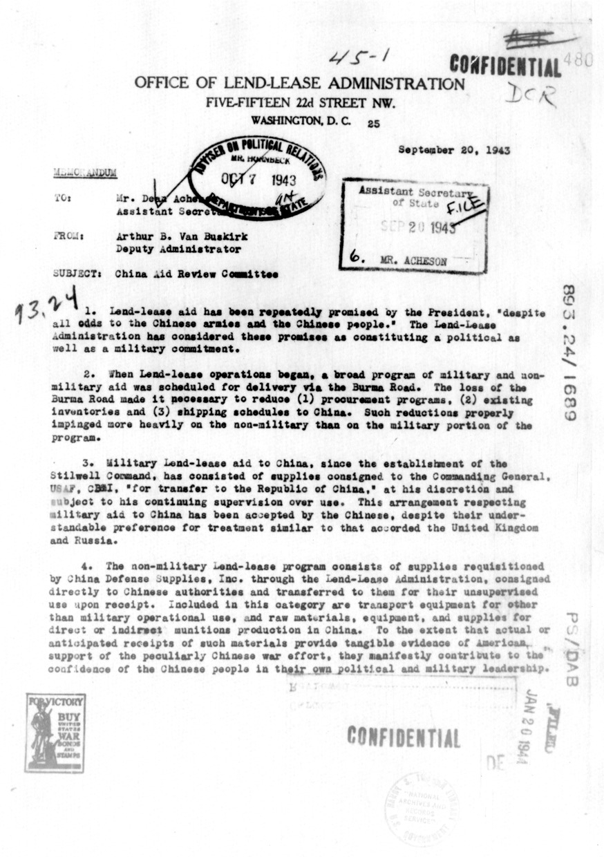Memorandum from Arthur Van Buskirk to Dean Acheson