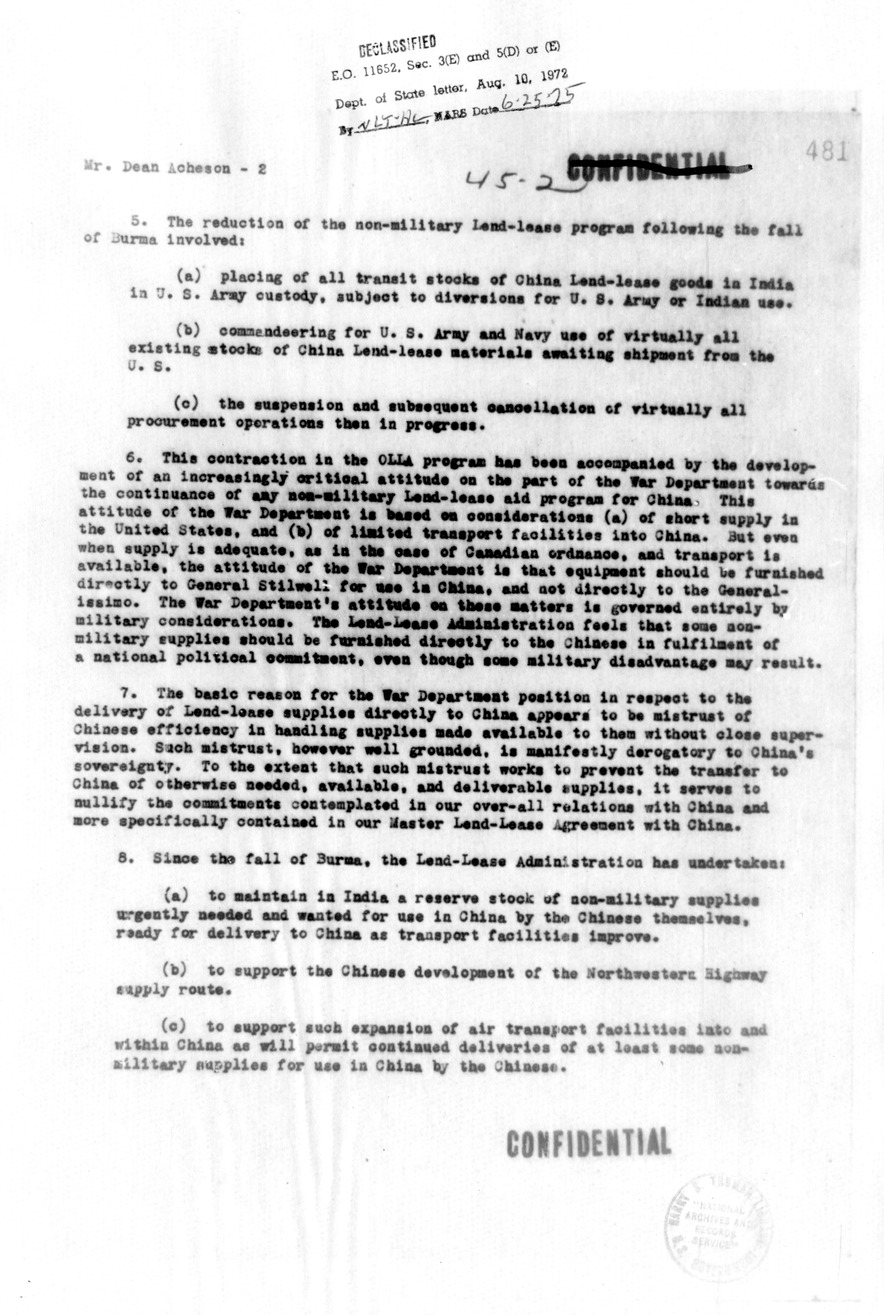 Memorandum from Arthur Van Buskirk to Dean Acheson