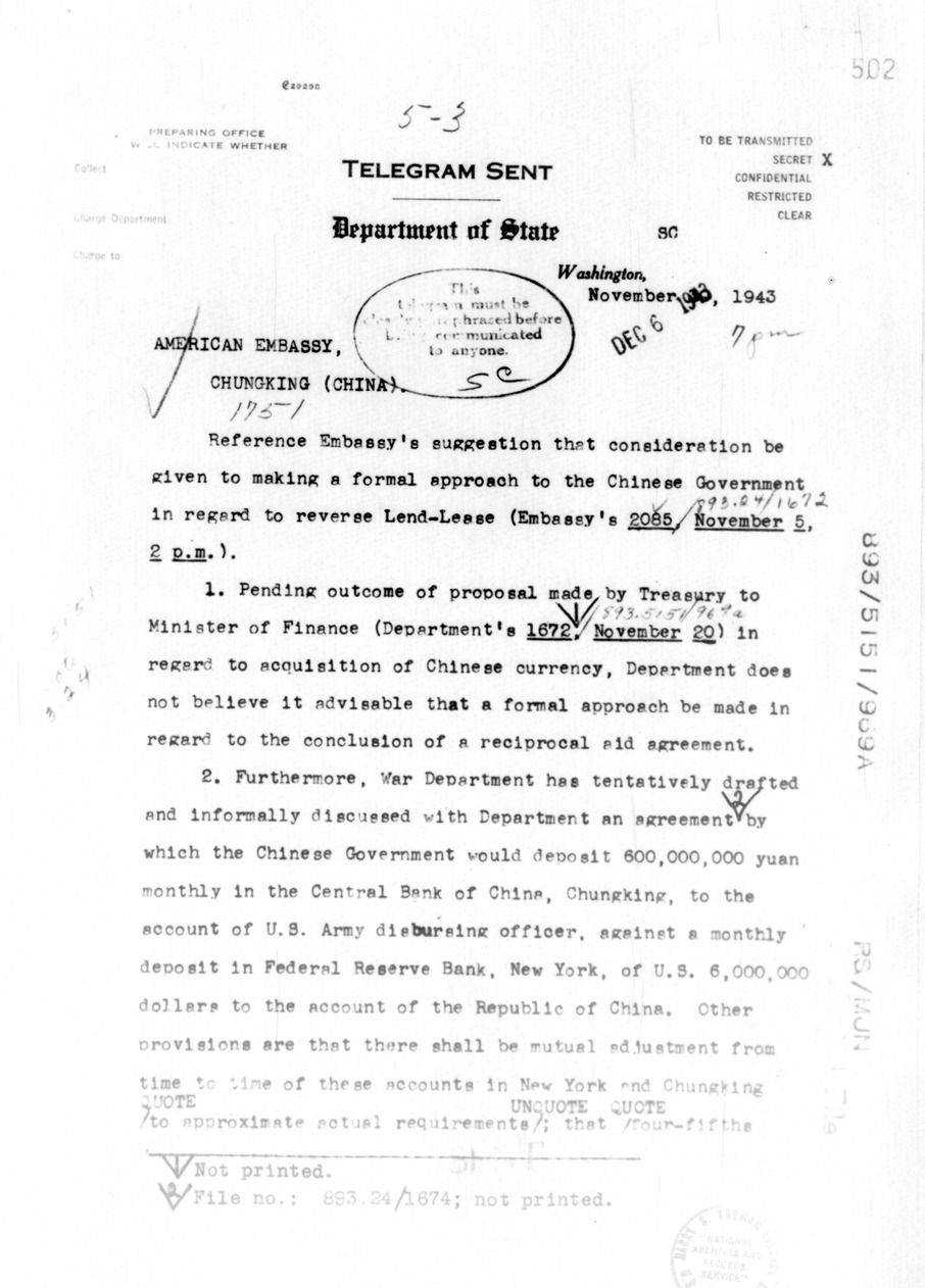 Department of State Telegram from Secretary of State Cordell Hull to American Embassy, Chungking