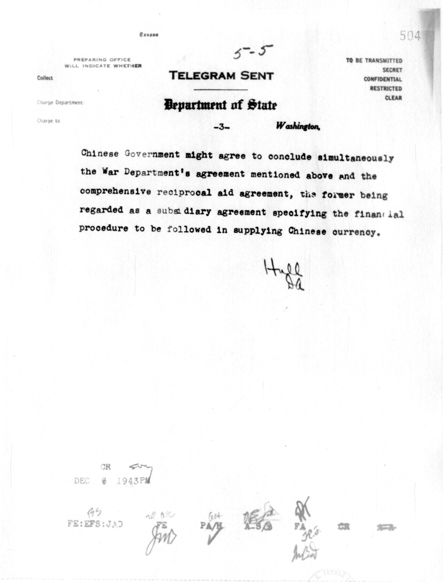 Department of State Telegram from Secretary of State Cordell Hull to American Embassy, Chungking