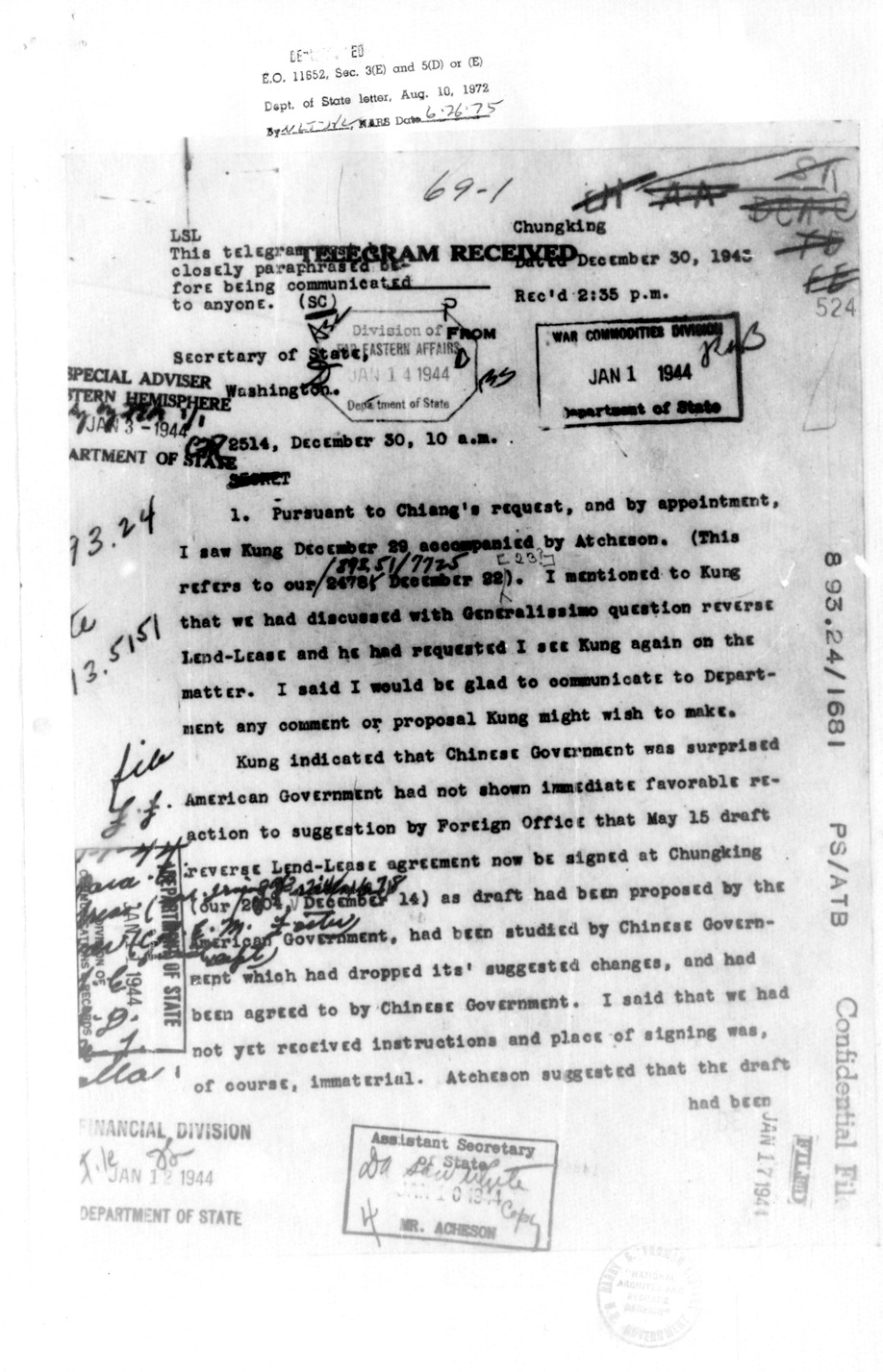 Telegram from Ambassador Clarence Gauss to Secretary of State Cordell Hull
