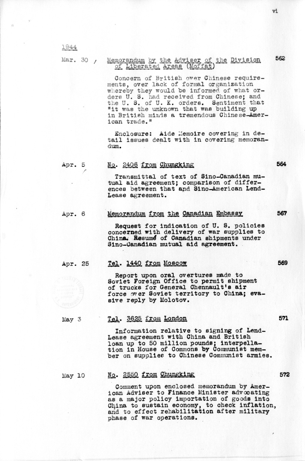 Title and Table of Contents, Documents On Diplomatic Aspects Of Efforts By The United States To Supply China With Materials Of War Under The Lend-Lease Act, 1940-1947 - Part IV (1944-1947)