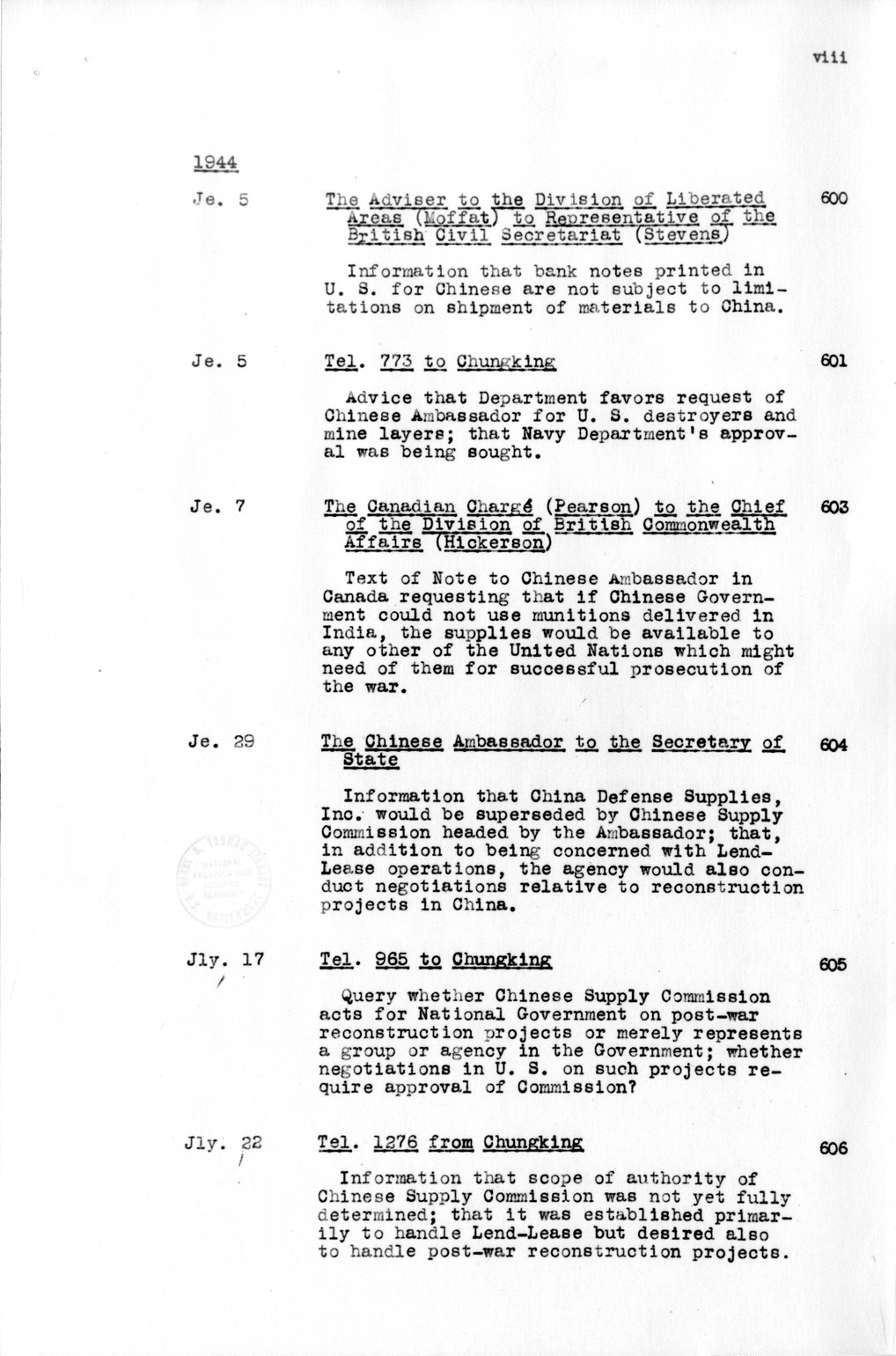 Title and Table of Contents, Documents On Diplomatic Aspects Of Efforts By The United States To Supply China With Materials Of War Under The Lend-Lease Act, 1940-1947 - Part IV (1944-1947)