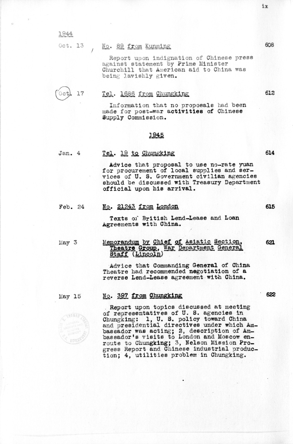 Title and Table of Contents, Documents On Diplomatic Aspects Of Efforts By The United States To Supply China With Materials Of War Under The Lend-Lease Act, 1940-1947 - Part IV (1944-1947)